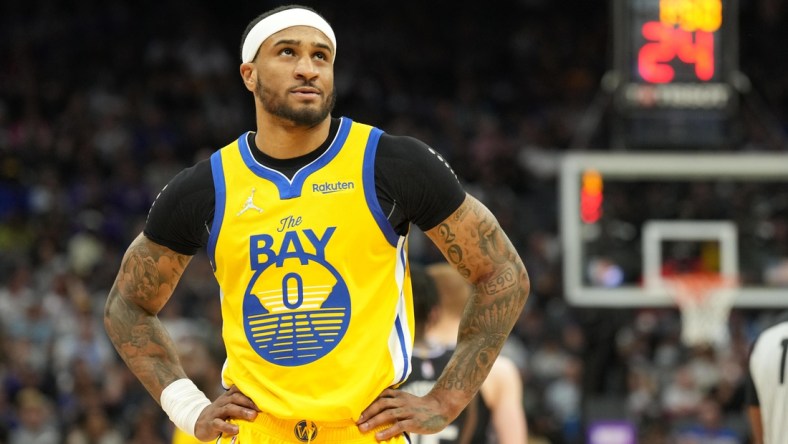 Apr 3, 2022; Sacramento, California, USA; Golden State Warriors guard Gary Payton II (0) during the second quarter against the Sacramento Kings at Golden 1 Center. Mandatory Credit: Darren Yamashita-USA TODAY Sports