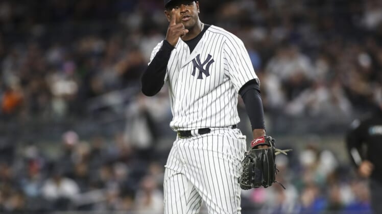 Apr 14, 2022; Bronx, New York, USA;  New York Yankees starting pitcher Luis Severino (40) exchanges words with the Toronto Blue Jays dugout in the first inning at Yankee Stadium. Mandatory Credit: Wendell Cruz-USA TODAY Sports