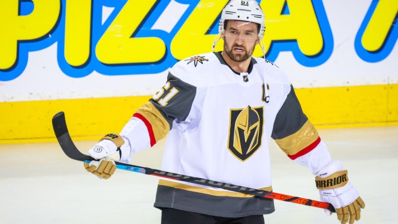 Apr 14, 2022; Calgary, Alberta, CAN; Vegas Golden Knights right wing Mark Stone (61) skates during the warmup period against the Calgary Flames at Scotiabank Saddledome. Mandatory Credit: Sergei Belski-USA TODAY Sports