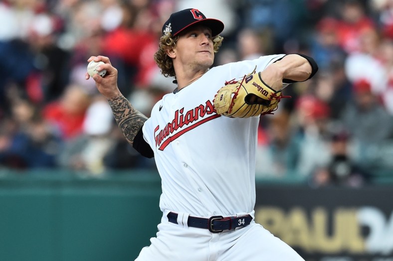 Apr 15, 2022; Cleveland, Ohio, USA; Cleveland Guardians starting pitcher Zach Plesac throws a pitch during the first inning against the San Francisco Giants at Progressive Field. Mandatory Credit: Ken Blaze-USA TODAY Sports