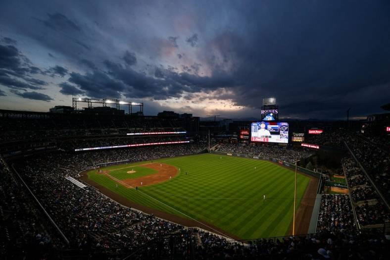 Apr 15, 2022; Denver, Colorado, USA; A general view of Coors Field in the fourth inning between the Colorado Rockies and the Chicago Cubs. Mandatory Credit: Isaiah J. Downing-USA TODAY Sports