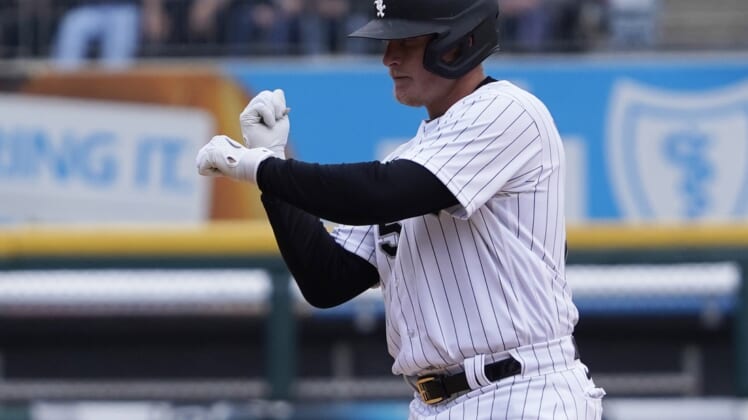 Apr 16, 2022; Chicago, Illinois, USA; Chicago White Sox right fielder Andrew Vaughn (25) gestures after hitting a double against the Tampa Bay Rays during the fifth inning at Guaranteed Rate Field. Mandatory Credit: David Banks-USA TODAY Sports