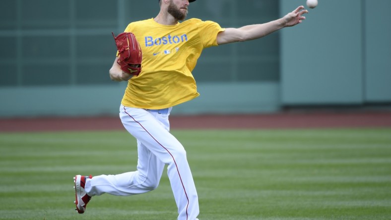 Apr 17, 2022; Boston, Massachusetts, USA; Boston Red Sox pitcher Chris Sale (41) throws the ball prior to a game against the Minnesota Twins at Fenway Park. Mandatory Credit: Bob DeChiara-USA TODAY Sports