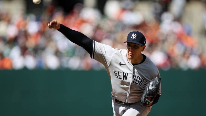 Apr 17, 2022; Baltimore, Maryland, USA; New York Yankees relief pitcher Chad Green (57) pitches against the Baltimore Orioles during the sixth inning at Oriole Park at Camden Yards. Mandatory Credit: Scott Taetsch-USA TODAY Sports