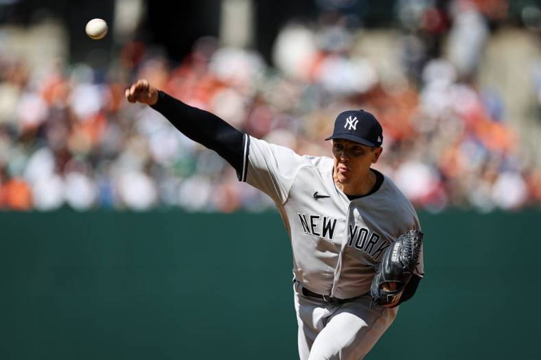 Apr 17, 2022; Baltimore, Maryland, USA; New York Yankees relief pitcher Chad Green (57) pitches against the Baltimore Orioles during the sixth inning at Oriole Park at Camden Yards. Mandatory Credit: Scott Taetsch-USA TODAY Sports