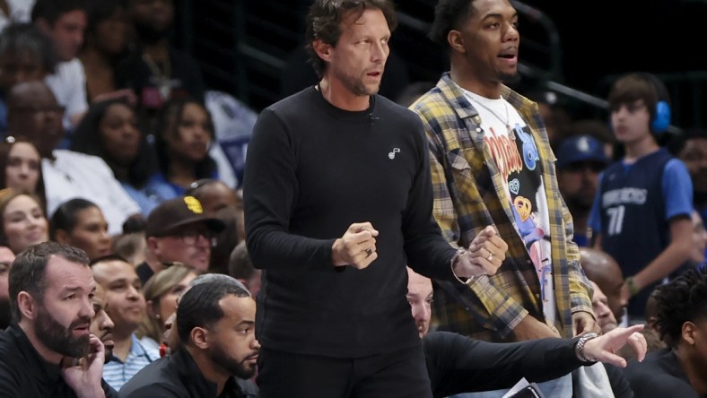 Apr 18, 2022; Dallas, Texas, USA; Utah Jazz head coach Quin Snyder reacts against the Dallas Mavericks during the second quarter in game two of the first round of the 2022 NBA playoffs at American Airlines Center. Mandatory Credit: Kevin Jairaj-USA TODAY Sports