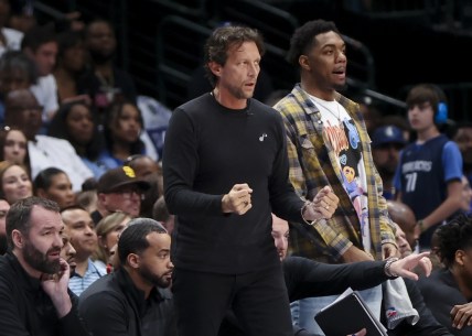 Apr 18, 2022; Dallas, Texas, USA; Utah Jazz head coach Quin Snyder reacts against the Dallas Mavericks during the second quarter in game two of the first round of the 2022 NBA playoffs at American Airlines Center. Mandatory Credit: Kevin Jairaj-USA TODAY Sports