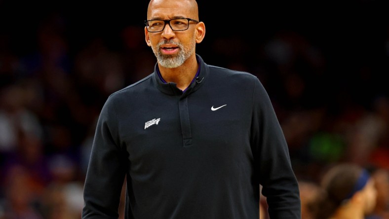 Apr 19, 2022; Phoenix, Arizona, USA; Phoenix Suns head coach Monty Williams reacts during the second quarter against the New Orleans Pelicans during game two of the first round for the 2022 NBA playoffs at Footprint Center. Mandatory Credit: Mark J. Rebilas-USA TODAY Sports