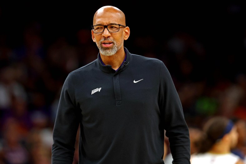 Apr 19, 2022; Phoenix, Arizona, USA; Phoenix Suns head coach Monty Williams reacts during the second quarter against the New Orleans Pelicans during game two of the first round for the 2022 NBA playoffs at Footprint Center. Mandatory Credit: Mark J. Rebilas-USA TODAY Sports