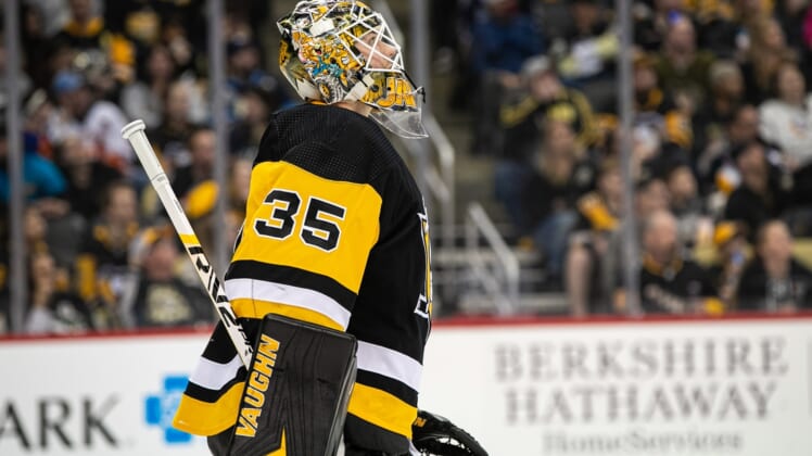 Apr 14, 2022; Pittsburgh, Pennsylvania, USA; Pittsburgh Penguins goaltender Tristan Jarry (35) looks on during the third period at PPG Paints Arena. The Penguins won 6-3. Mandatory Credit: Mark Alberti-USA TODAY Sports