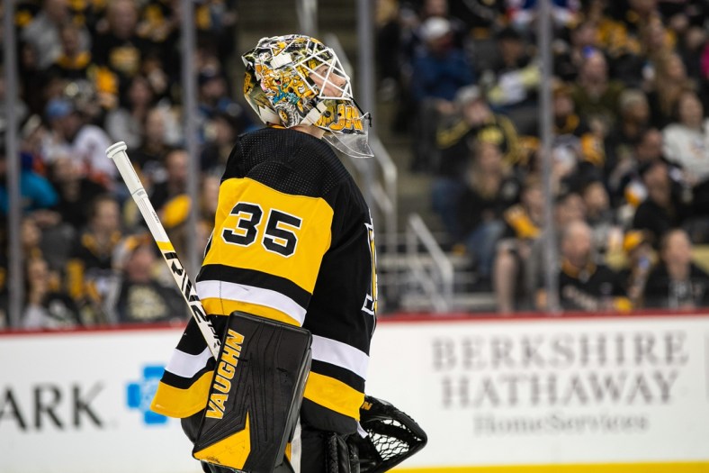 Apr 14, 2022; Pittsburgh, Pennsylvania, USA; Pittsburgh Penguins goaltender Tristan Jarry (35) looks on during the third period at PPG Paints Arena. The Penguins won 6-3. Mandatory Credit: Mark Alberti-USA TODAY Sports