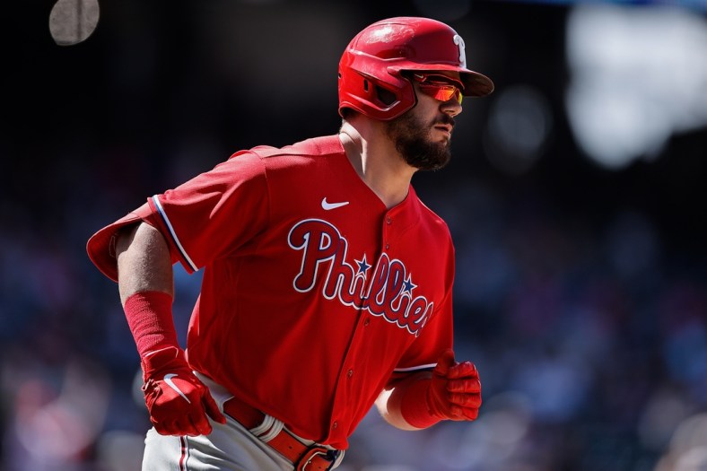 Apr 20, 2022; Denver, Colorado, USA; Philadelphia Phillies left fielder Kyle Schwarber (12) rounds the bases on solo home run in the sixth inning against the Colorado Rockies at Coors Field. Mandatory Credit: Isaiah J. Downing-USA TODAY Sports