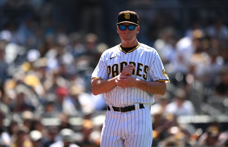 Apr 20, 2022; San Diego, California, USA; San Diego Padres manager Bob Melvin looks on during the fifth inning against the Cincinnati Reds at Petco Park. Mandatory Credit: Orlando Ramirez-USA TODAY Sports