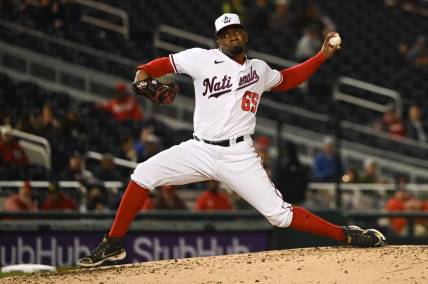 Apr 20, 2022; Washington, District of Columbia, USA;  Washington Nationals relief pitcher Francisco Perez (65) delivers a fourth inning pitch against the Arizona Diamondbacks at Nationals Park. Mandatory Credit: Tommy Gilligan-USA TODAY Sports