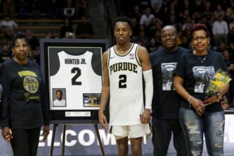 Purdue guard Eric Hunter Jr. (2) during senior night celebrations, Saturday, March 5, 2022 at Mackey Arena in West Lafayette.Bkc Purdue Vs Indiana