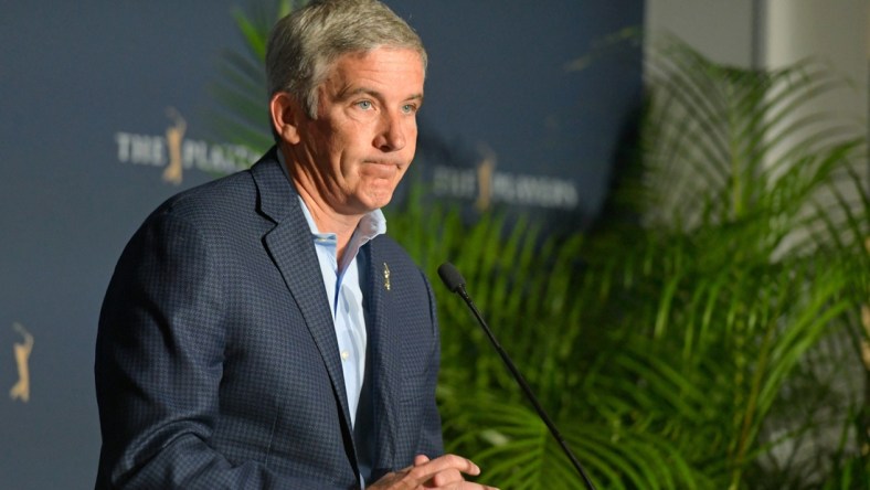 PGA Tour Commissioner Jay Monahan talks about the decision to cancel the last three days of The Players Championship because of the coronavirus during a press conference Friday, March 13, 2020 in Ponte Vedra Beach, Florida. [Will Dickey/Florida Times-Union]

Fljax 031320 2playersfrida