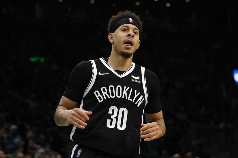 Apr 20, 2022; Boston, Massachusetts, USA; Brooklyn Nets guard Seth Curry (30) during the third quarter of game two of the first round of the 2022 NBA playoffs against the Boston Celtics at TD Garden. Mandatory Credit: Winslow Townson-USA TODAY Sports