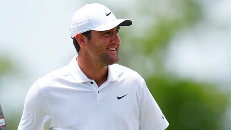 Apr 22, 2022; Avondale, Louisiana, USA; Scottie Scheffler smiles on the ninth hole green during the second round of the Zurich Classic of New Orleans golf tournament. Mandatory Credit: Andrew Wevers-USA TODAY Sports