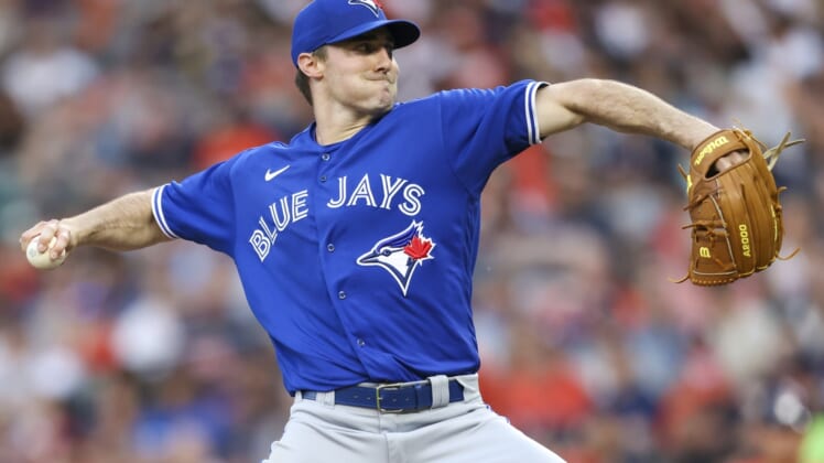 Apr 22, 2022; Houston, Texas, USA; Toronto Blue Jays starting pitcher Ross Stripling (48) pitches against the Houston Astros in the first inning at Minute Maid Park. Mandatory Credit: Thomas Shea-USA TODAY Sports