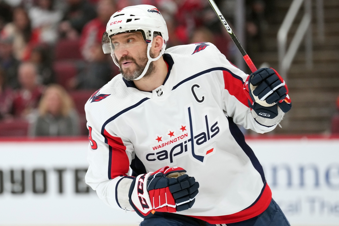 Apr 22, 2022; Glendale, Arizona, USA; Washington Capitals left wing Alex Ovechkin (8) skates against the Arizona Coyotes during the first period at Gila River Arena. Mandatory Credit: Joe Camporeale-USA TODAY Sports