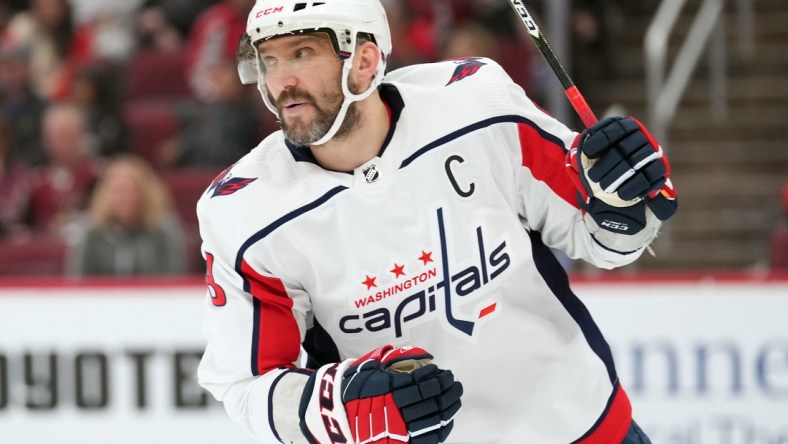 Apr 22, 2022; Glendale, Arizona, USA; Washington Capitals left wing Alex Ovechkin (8) skates against the Arizona Coyotes during the first period at Gila River Arena. Mandatory Credit: Joe Camporeale-USA TODAY Sports