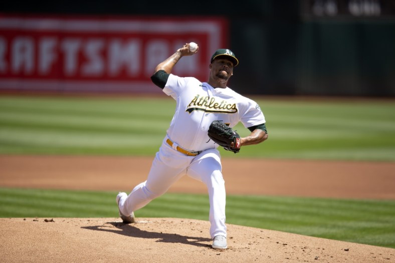 Apr 23, 2022; Oakland, California, USA; Oakland Athletics starting pitcher Frankie Montas (47) delivers a pitch against the Texas Rangers during the first inning at RingCentral Coliseum. Mandatory Credit: D. Ross Cameron-USA TODAY Sports