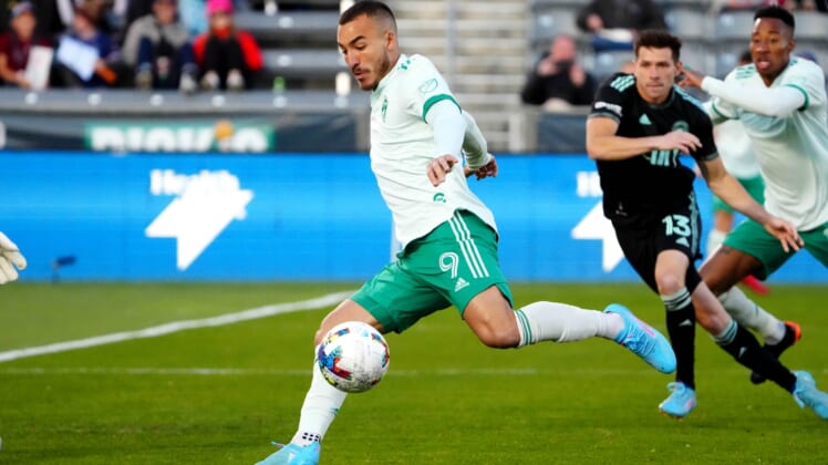 Apr 23, 2022; Commerce City, Colorado, USA; Colorado Rapids forward Andre Shinyashiki (9) prepares to kick the ball in the first half against Charlotte FC at Dick's Sporting Goods Park. Mandatory Credit: Ron Chenoy-USA TODAY Sports