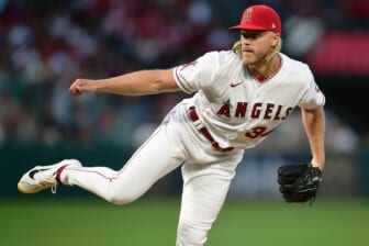 Apr 23, 2022; Anaheim, California, USA; Los Angeles Angels starting pitcher Noah Syndergaard (34) throws against the Baltimore Orioles during the fifth inning at Angel Stadium. Mandatory Credit: Gary A. Vasquez-USA TODAY Sports