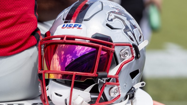 Apr 24, 2022; Birmingham, AL, USA; Tampa Bay Bandits helmet during the first half at Protective Stadium. Mandatory Credit: Vasha Hunt-USA TODAY Sports