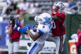 Apr 24, 2022; Birmingham, AL, USA; New Orleans Breakers wide receiver Jonathan Adams (9) catches the ball with Tampa Bay Bandits defensive back Quenton Meeks (30) on tight defense during the first half at Protective Stadium. Mandatory Credit: Vasha Hunt-USA TODAY Sports