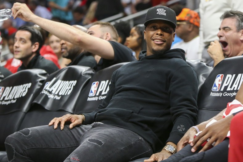 Apr 24, 2022; Atlanta, Georgia, USA; Miami Heat guard Kyle Lowry (7) on the bench against the Atlanta Hawks in the fourth quarter during game four of the first round of the 2022 NBA playoffs at State Farm Arena. Mandatory Credit: Brett Davis-USA TODAY Sports