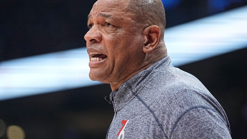 Apr 20, 2022; Toronto, Ontario, CAN; Philadelphia 76ers head coach Doc Rivers during game three of the first round for the 2022 NBA playoffs against the Toronto Raptors at Scotiabank Arena. Mandatory Credit: John E. Sokolowski-USA TODAY Sports