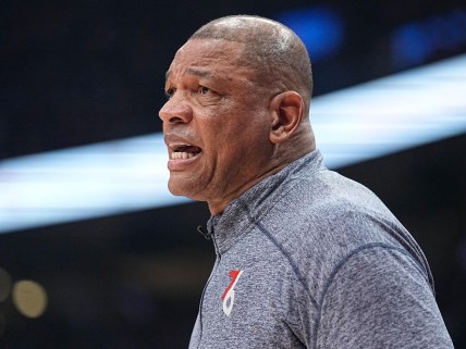 Apr 20, 2022; Toronto, Ontario, CAN; Philadelphia 76ers head coach Doc Rivers during game three of the first round for the 2022 NBA playoffs against the Toronto Raptors at Scotiabank Arena. Mandatory Credit: John E. Sokolowski-USA TODAY Sports