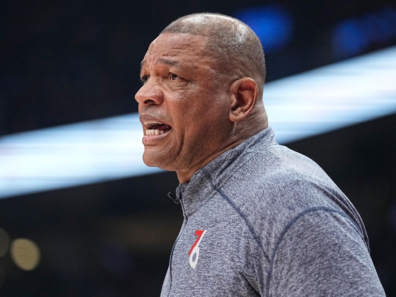 Apr 20, 2022; Toronto, Ontario, CAN; Philadelphia 76ers head coach Doc Rivers during game three of the first round for the 2022 NBA playoffs against the Toronto Raptors at Scotiabank Arena. Mandatory Credit: John E. Sokolowski-USA TODAY Sports