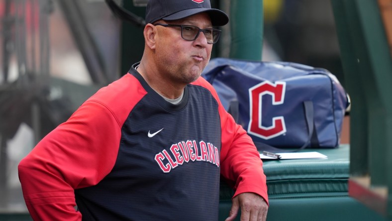 Apr 25, 2022; Anaheim, California, USA; Cleveland Guardians manager Terry Francona watches from the dugout during the game against the Los Angeles Angels at Angel Stadium. Mandatory Credit: Kirby Lee-USA TODAY Sports