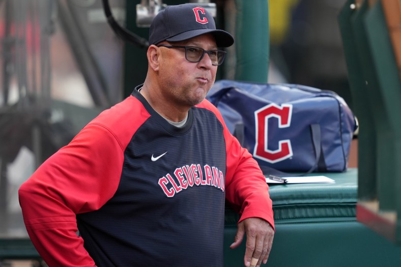 Apr 25, 2022; Anaheim, California, USA; Cleveland Guardians manager Terry Francona watches from the dugout during the game against the Los Angeles Angels at Angel Stadium. Mandatory Credit: Kirby Lee-USA TODAY Sports