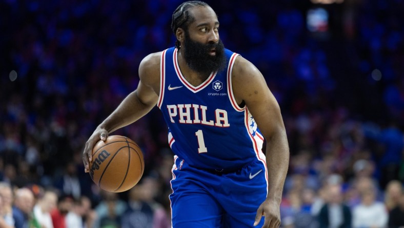 Apr 25, 2022; Philadelphia, Pennsylvania, USA; Philadelphia 76ers guard James Harden (1) dribbles the ball against the Toronto Raptors during the third quarter in game five of the first round for the 2022 NBA playoffs at Wells Fargo Center. Mandatory Credit: Bill Streicher-USA TODAY Sports