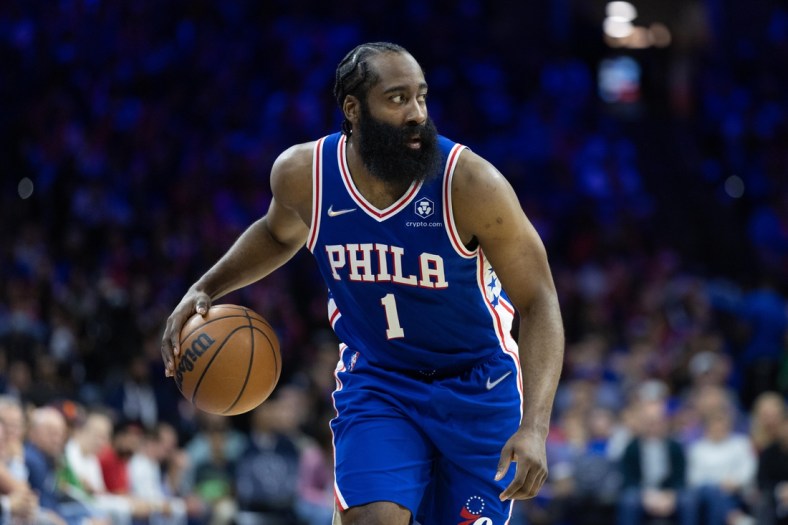 Apr 25, 2022; Philadelphia, Pennsylvania, USA; Philadelphia 76ers guard James Harden (1) dribbles the ball against the Toronto Raptors during the third quarter in game five of the first round for the 2022 NBA playoffs at Wells Fargo Center. Mandatory Credit: Bill Streicher-USA TODAY Sports