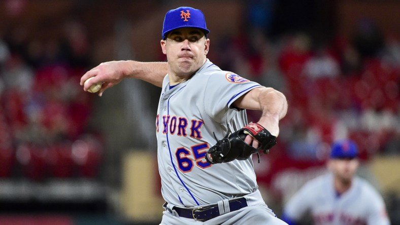 Apr 25, 2022; St. Louis, Missouri, USA;  New York Mets relief pitcher Trevor May (65) pitches against the St. Louis Cardinals during the eighth inning at Busch Stadium. Mandatory Credit: Jeff Curry-USA TODAY Sports