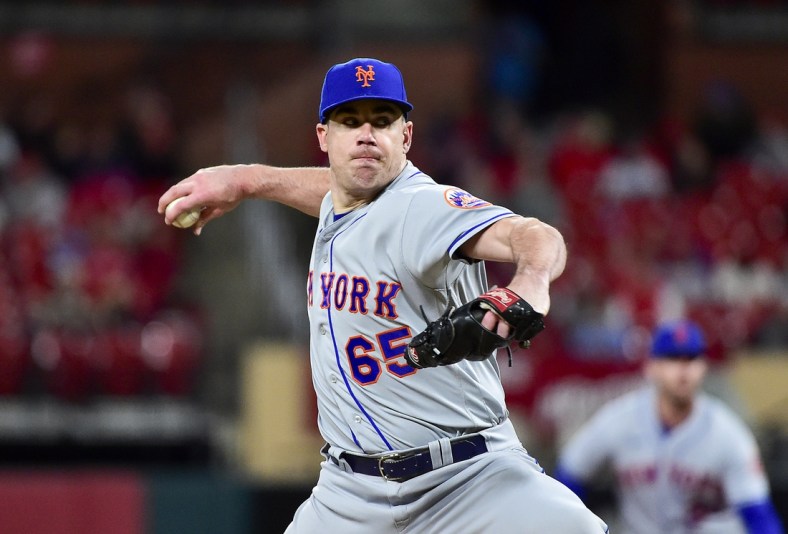 Apr 25, 2022; St. Louis, Missouri, USA;  New York Mets relief pitcher Trevor May (65) pitches against the St. Louis Cardinals during the eighth inning at Busch Stadium. Mandatory Credit: Jeff Curry-USA TODAY Sports