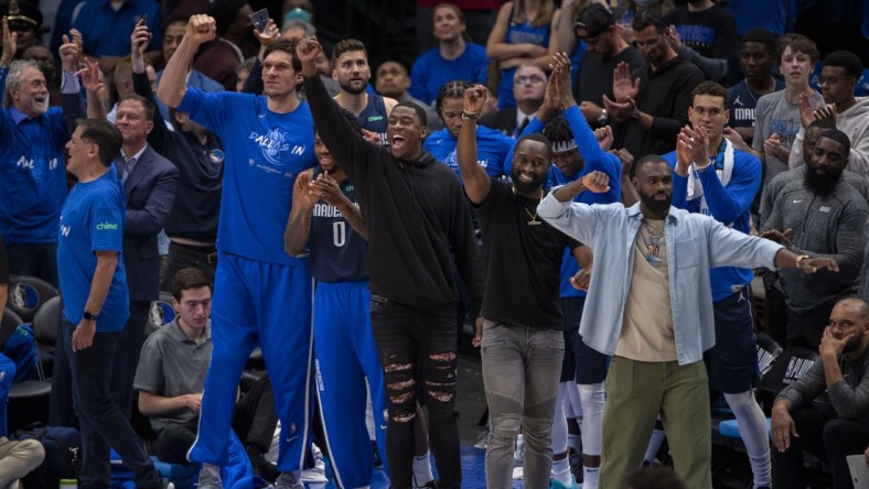 Apr 25, 2022; Dallas, Texas, USA; The Dallas Mavericks bench celebrates during the fourth quarter against the Utah Jazz in game five of the first round for the 2022 NBA playoffs at American Airlines Center. Mandatory Credit: Jerome Miron-USA TODAY Sports