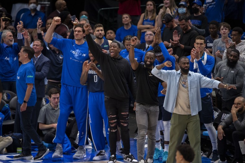 Apr 25, 2022; Dallas, Texas, USA; The Dallas Mavericks bench celebrates during the fourth quarter against the Utah Jazz in game five of the first round for the 2022 NBA playoffs at American Airlines Center. Mandatory Credit: Jerome Miron-USA TODAY Sports