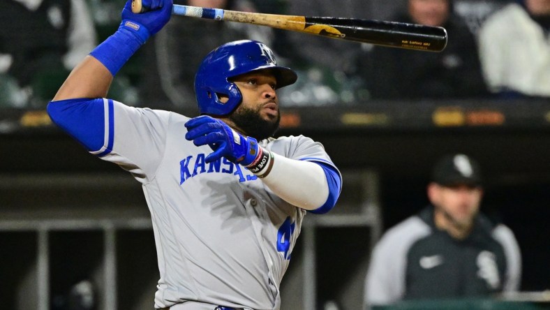 Apr 26, 2022; Chicago, Illinois, USA; Kansas City Royals first baseman Carlos Santana (41) hits a two run single in the sixth inning against the Chicago White Sox at Guaranteed Rate Field. Mandatory Credit: Quinn Harris-USA TODAY Sports