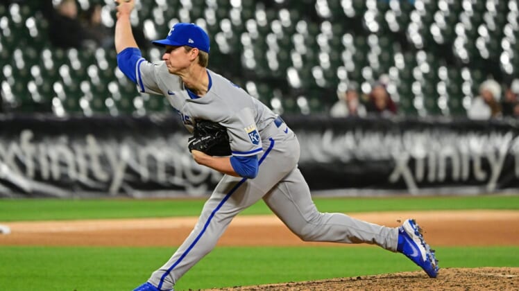 Apr 26, 2022; Chicago, Illinois, USA; Kansas City Royals relief pitcher Brady Singer (51) throws a pitch in the ninth inning against the Chicago White Sox at Guaranteed Rate Field. Mandatory Credit: Quinn Harris-USA TODAY Sports