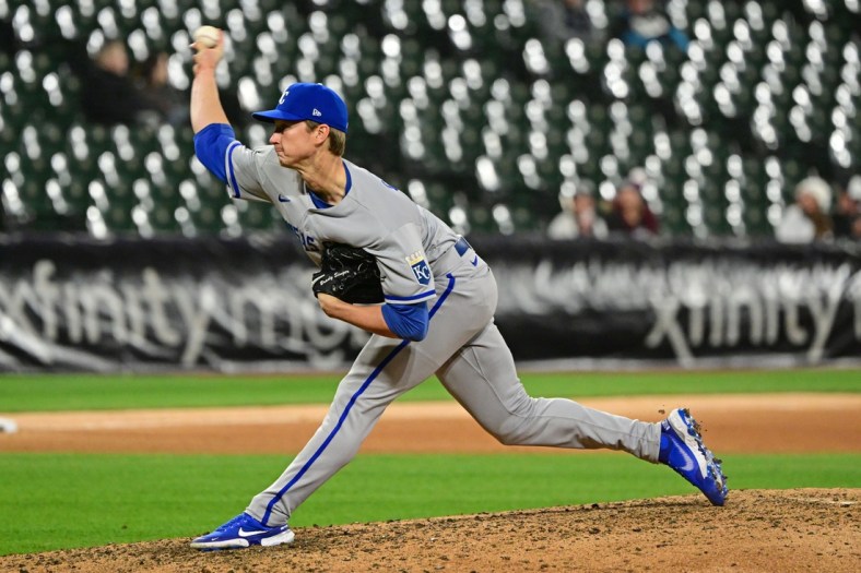 Apr 26, 2022; Chicago, Illinois, USA; Kansas City Royals relief pitcher Brady Singer (51) throws a pitch in the ninth inning against the Chicago White Sox at Guaranteed Rate Field. Mandatory Credit: Quinn Harris-USA TODAY Sports