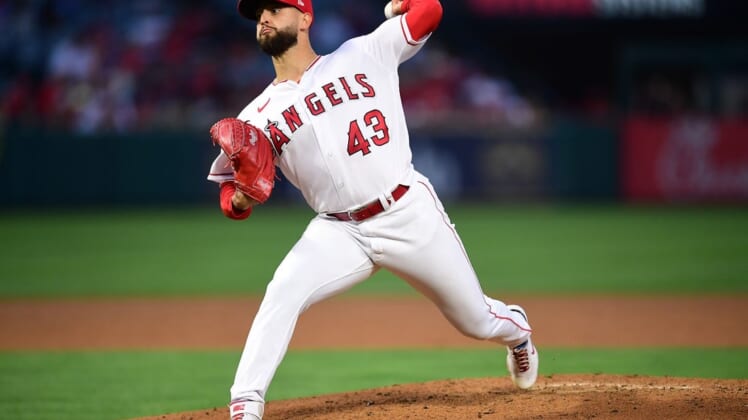 Apr 26, 2022; Anaheim, California, USA; Los Angeles Angels starting pitcher Patrick Sandoval (43) throws against the Cleveland Guardians during the fourth inning at Angel Stadium. Mandatory Credit: Gary A. Vasquez-USA TODAY Sports