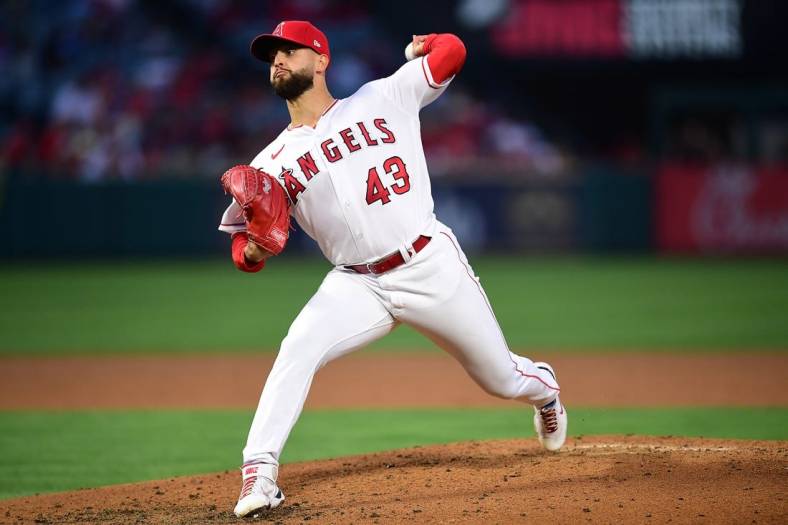 Apr 26, 2022; Anaheim, California, USA; Los Angeles Angels starting pitcher Patrick Sandoval (43) throws against the Cleveland Guardians during the fourth inning at Angel Stadium. Mandatory Credit: Gary A. Vasquez-USA TODAY Sports