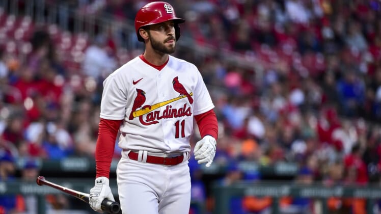Apr 26, 2022; St. Louis, Missouri, USA;  St. Louis Cardinals shortstop Paul DeJong (11) walks back to the dugout after striking out against the New York Mets during the second inning at Busch Stadium. Mandatory Credit: Jeff Curry-USA TODAY Sports