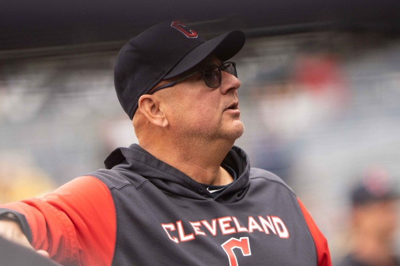 Apr 23, 2022; Bronx, New York, USA; Cleveland Guardians manager Terry Francona (77) prior to the game against the New York Yankees at Yankee Stadium. Mandatory Credit: Gregory Fisher-USA TODAY Sports