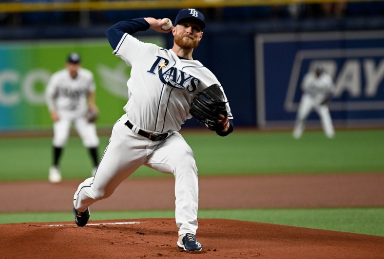 Apr 27, 2022; St. Petersburg, Florida, USA; Tampa Bay Rays pitcher Drew Rasmussen (57) throws a pitch in the first inning against the Seattle Mariners at Tropicana Field. Mandatory Credit: Jonathan Dyer-USA TODAY Sports